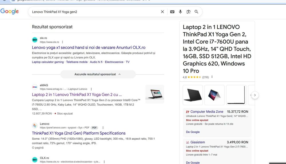 Lenovo ThinkPad  X1 Yoga  gen2 i5-7300U 8GB RAM SSD NVMe 256GB WQHD 2k Touch 2 în 1 4G/LTE – ideal pentru diagnoză, carcasă magneziu  dezmembrez