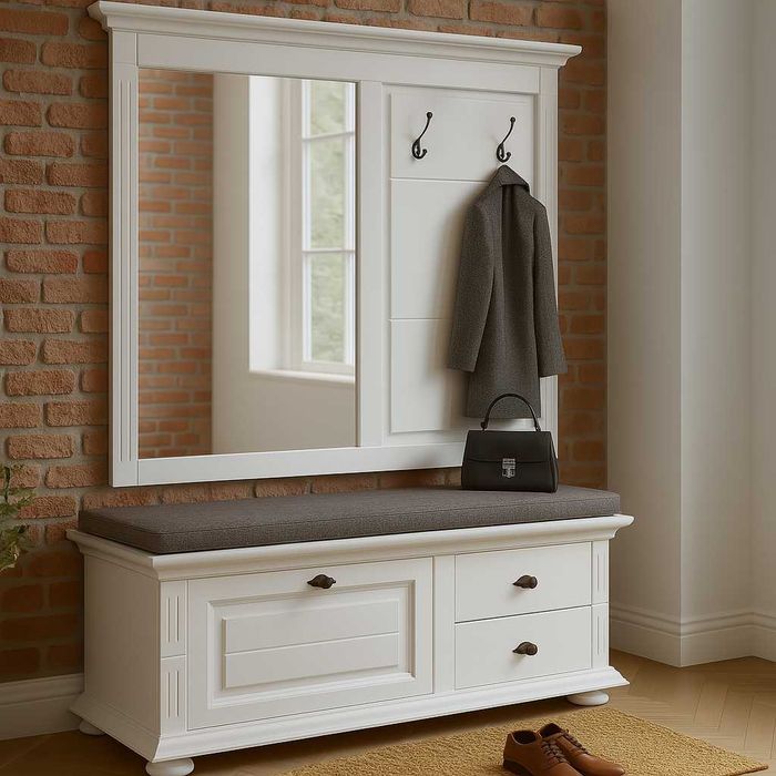 Set mobila hol  din lemn masiv, bancuta si cuier cu oglinda