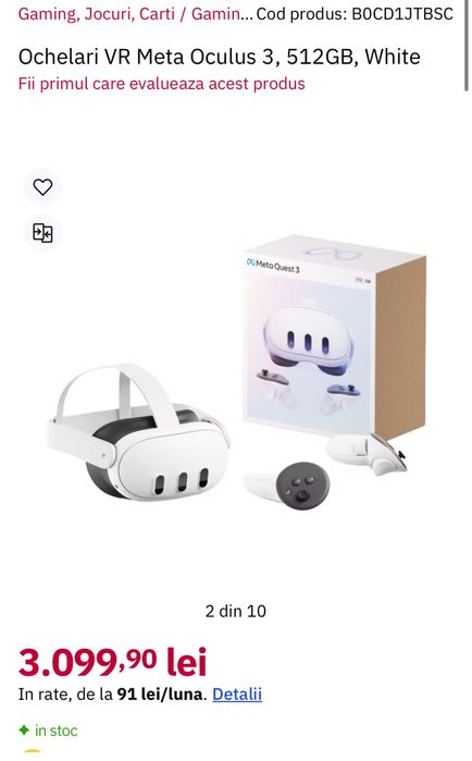 Ochelari VR Meta Oculus 3, 512GB, White, sigilati, transport inclus