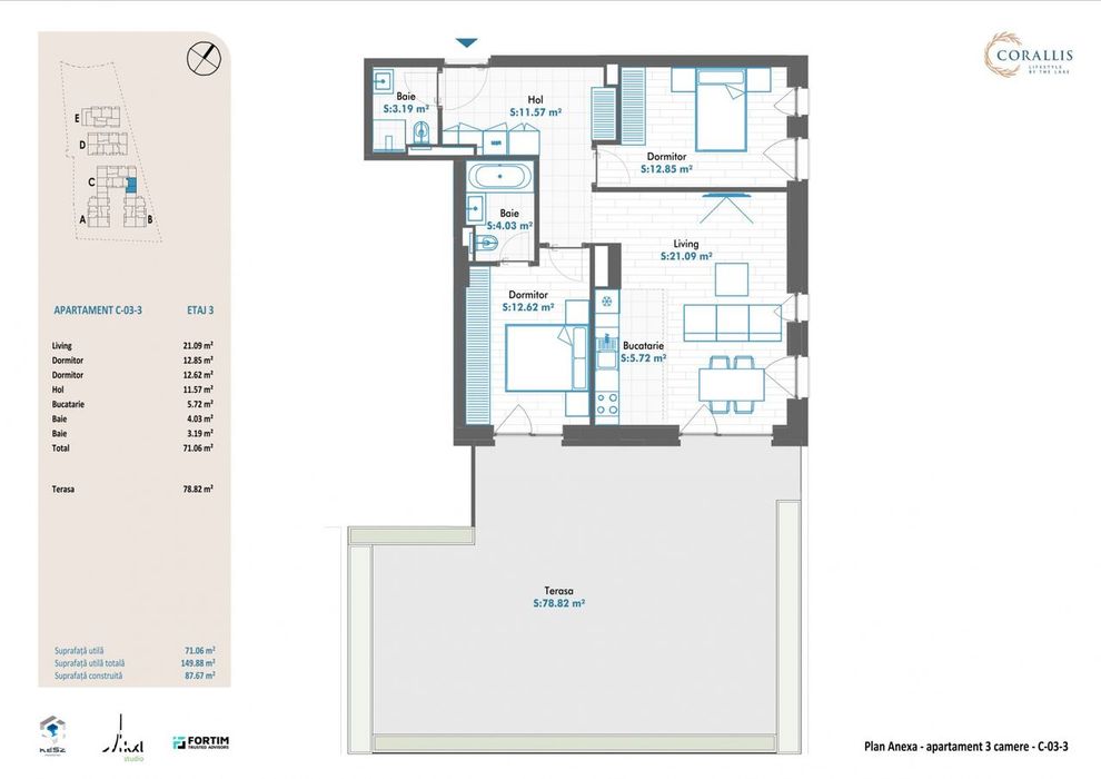 Apartament 3 camere cu terasa impresionanta de 78 mp