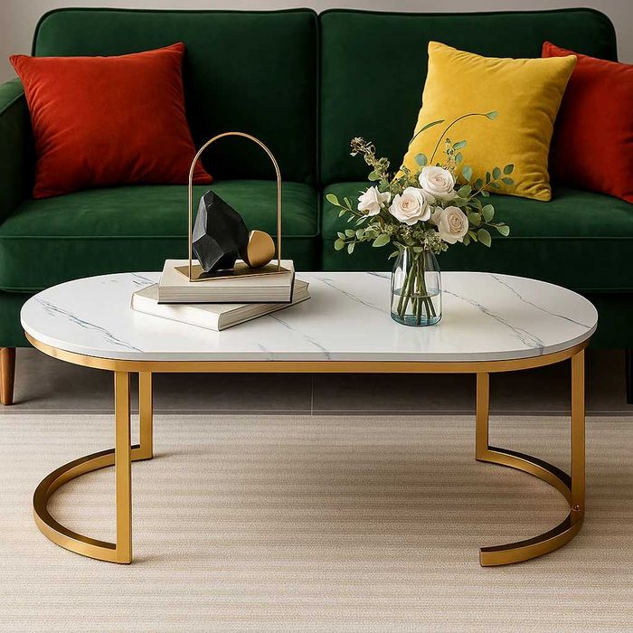 Masuta de cafea ovala ,minimalista, design nordic, aspect marmura