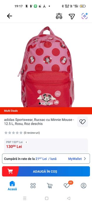 Ghiozdănel pentru fetițe Adididas Minnie mouse nou cu eticheta