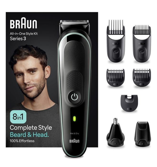 Мултифункционален тример Braun MGK3441, Wet&Dry, 8 в 1, 5 гребена, Автономност 80 минути, Торбичка за транспортиране, Черен