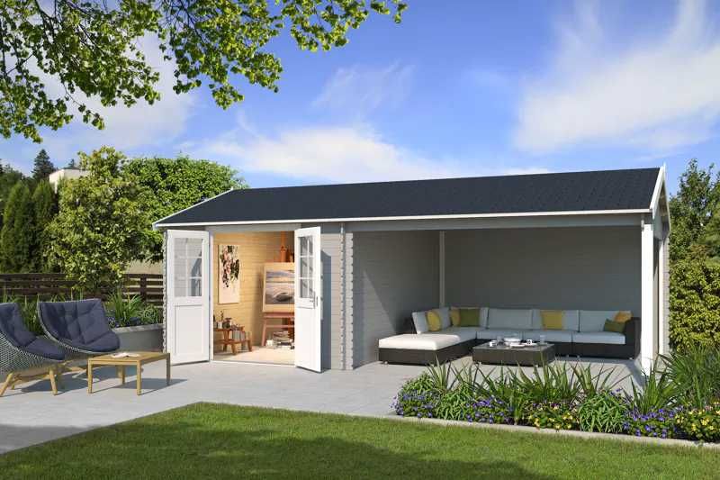 Градинска дървена къща с навес за BBQ El Paso 6.8х3.8м, 28 мм Смърч