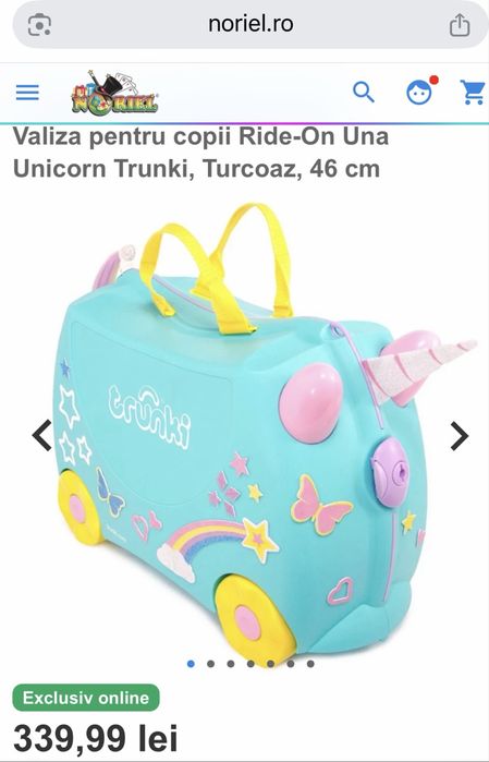 Valiza pentru copii Ride-On Una Unicorn Trunki, Turcoaz, 46 cm