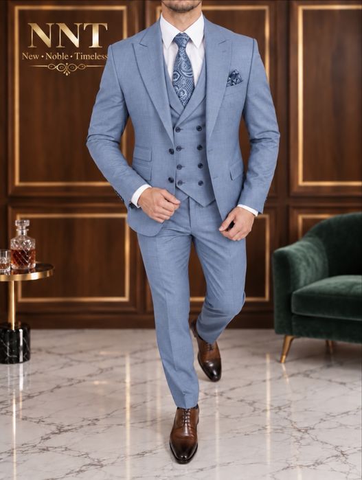 Costum 3 Piese Barbati Albastru Deschis din Lana 100% Nou