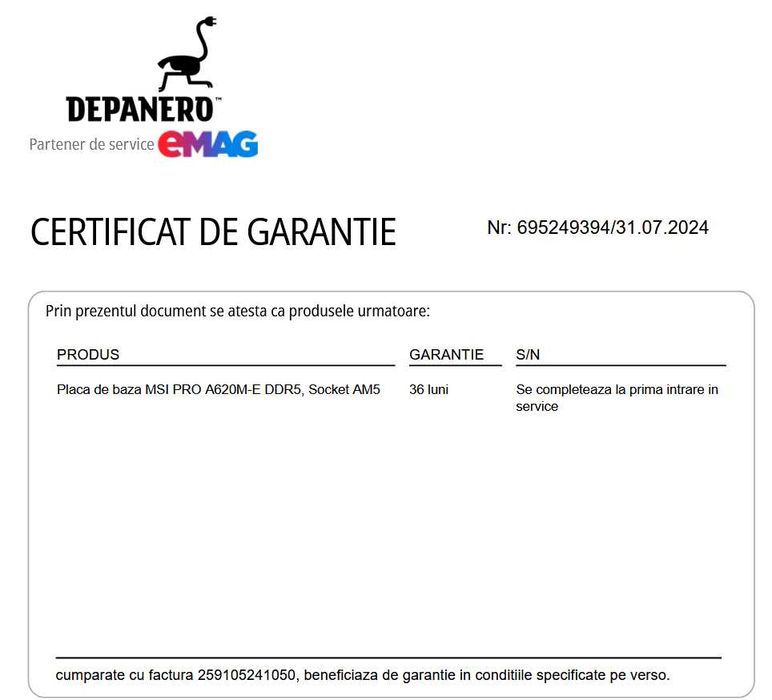 MSI PRO A620M-E DDR5, Socket AM5 garantie emag 31.07.2027