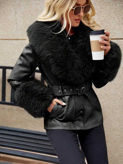 Елегантно дамско яке от изкуствена кожа с яка
