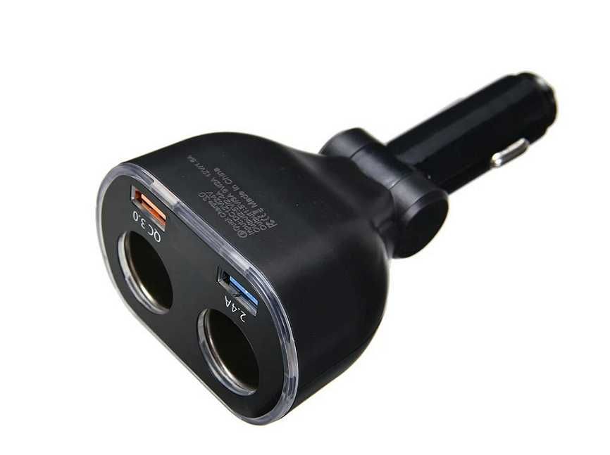 Разклонител за запалка 12V/24V с волтметър, 2 гнезда и QC 3.0 USB