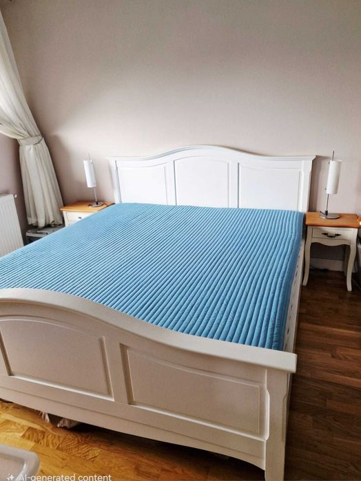 Pat lemn masiv 180x200 cm + saltea + somieră | alb | stare foarte bună