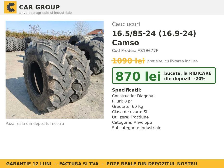 Cauciucuri Anvelope 16.5/85-24 16.5 85 24 1658524 16.5 85-24 16.9-24 Camso Buldo Incarcator Utilaje Diagonal SH Second Hand IEFTIN Garantie 1 An