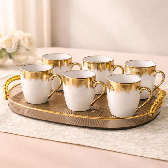 Set cani cafea 6 bucati, ceramica alb cu auriu, design elegant, finisaj lucios, ideale pentru espresso, cafea si cadou