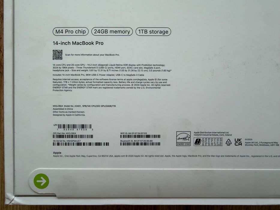 ЧИСТО НОВ MacBook Pro 14" M4 PRO Chip 14-CPU/ 20-GPU/ 24GB RAM/ 1TB SSD