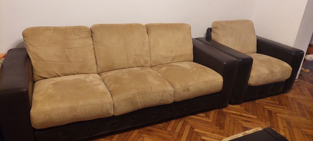 Canapea , fotoliu și taburet  mobexpert piele naturala/piele intoarsa