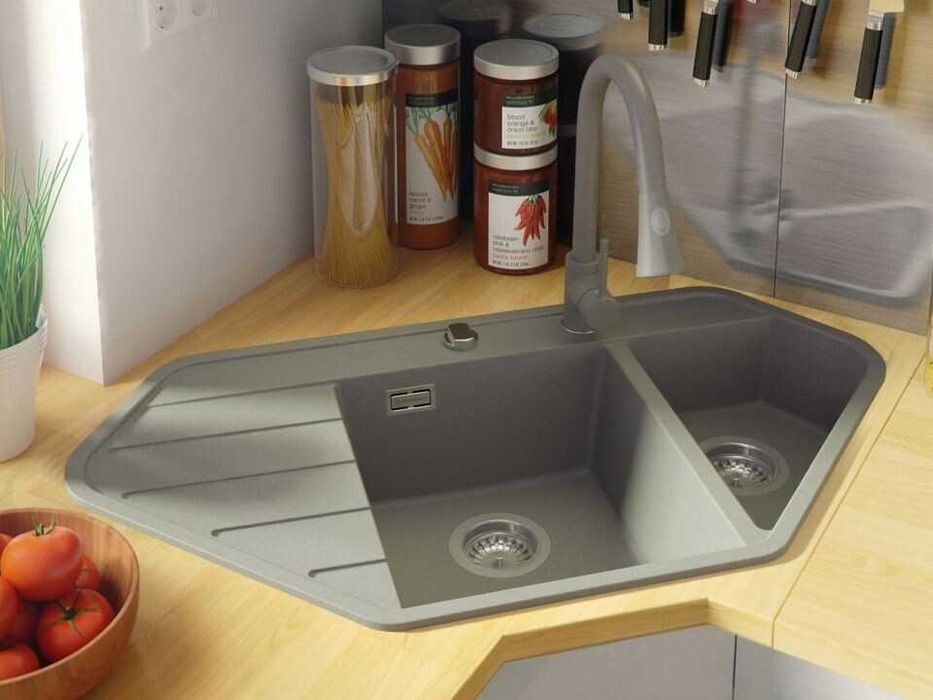 Сива ъглова кухненска гранитна мивка Копенхаген 900 Corner 900x500 мм