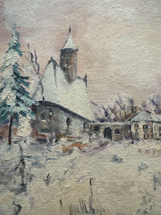 Peisaj de iarnă cu biserică, semnat „Dogeanu”, pictură în ulei pe pânză/carton pânzat