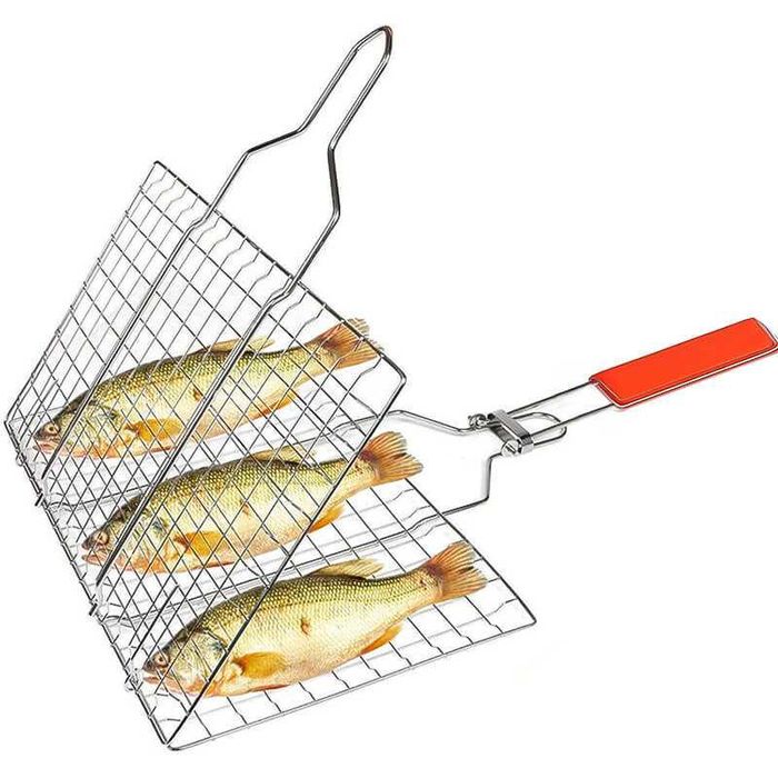 Преносима скара за печене на жар, 35x25см, с дървена дръжка 25см