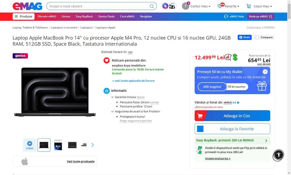 Laptop MacBook Pro 14" M4 Pro 24GB 512GB silver 3 cicluri 100% baterie ca NOU