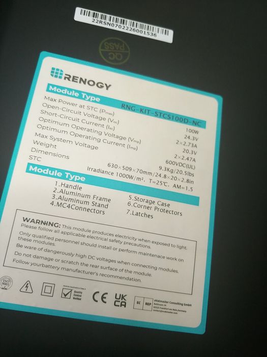 Сгъваем соларен куфар панел 100W Renogy + заряден контролер