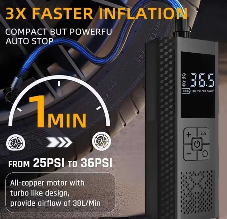 Преносим въздушен компресор за гуми, 150 PSI помпа за автомобилни гуми, мотоциклети, велосипеди