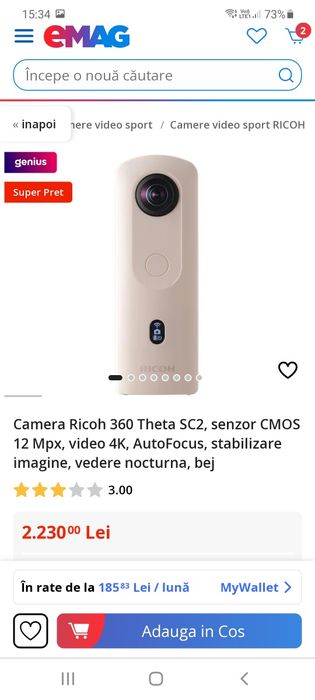Camera inteligenta Ricoh 360 Theta SC2, senzor CMOS 12 Mpx, video 4K,