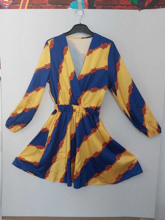 Rochie maneca lunga albastru galben oranj lucioasa