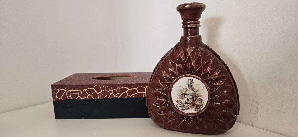 Set decorativ handmade – cutie șervețele & sticlă vintage