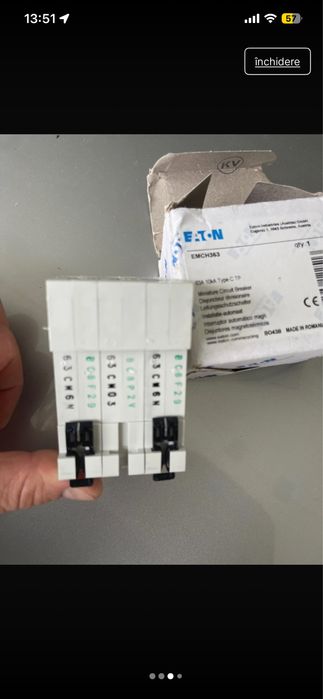 Intrerupator, Eaton, 3P, C 63A, 10KA AC PLSM-C63/3-MW 242480 Disponibil 1x preț -250lei