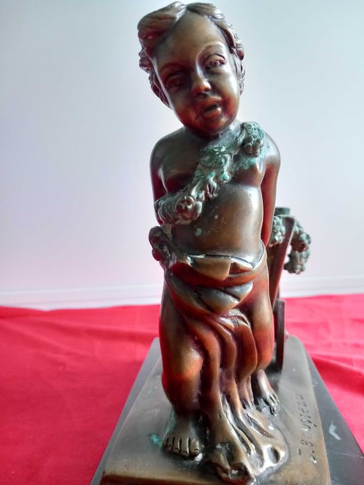 Jacques Bousseau Стара Бронзова Статуетка Херувим с Количка