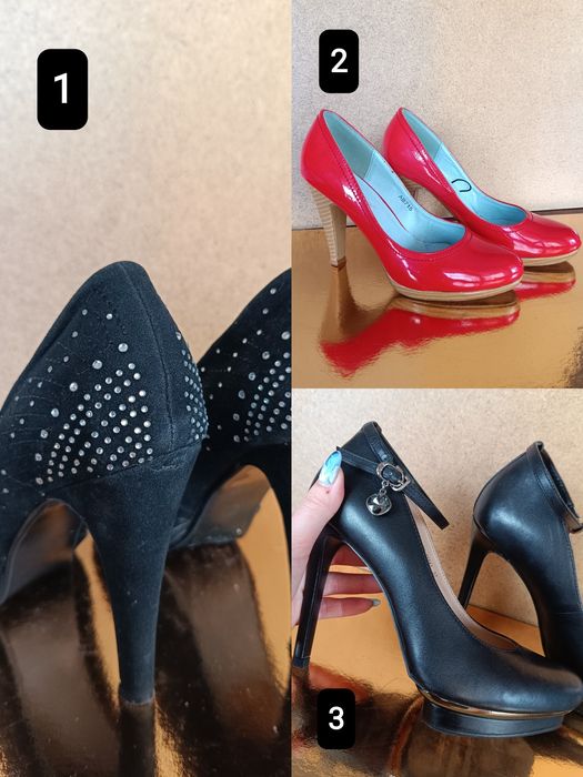 Обувки на висок ток - черни, червени, платформи - размер 37/38