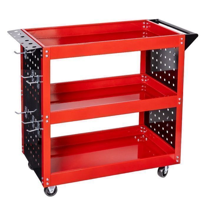 Carucior mobil 3 rafturi cu suport surubelnite si panou carlige invent