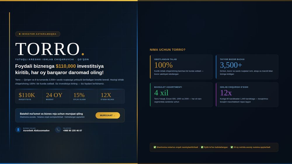 Investor qidirilmoqda | TORRO KRESHKI