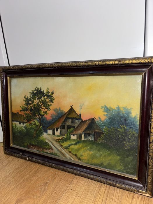 Tablou vintage ulei pe panza- peisaj rustic cu casa traditionala