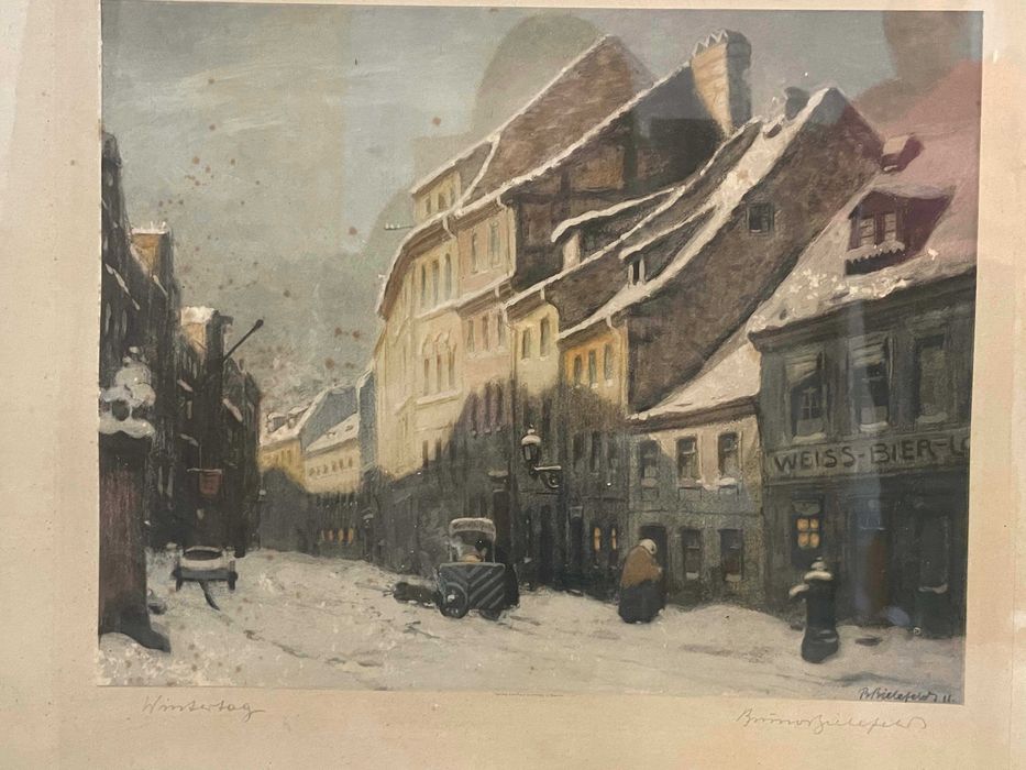Tablou Bruno Bielefeldt, Scena urbana de iarna, tehnica mixta, semnat