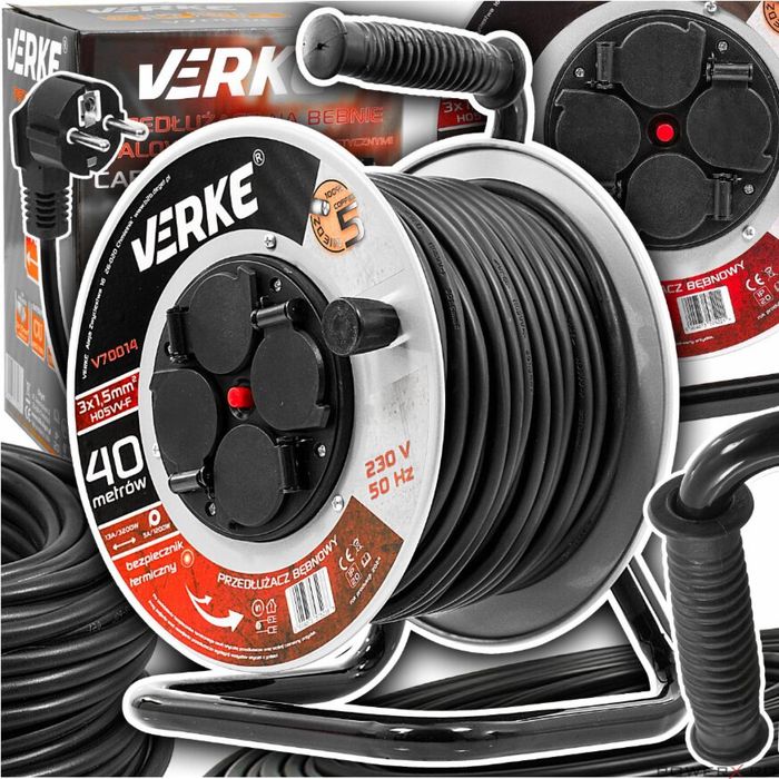 Rola prelungitor cablu cu cadru metalic, 40 metri 3 x 1,5 mm, Verke