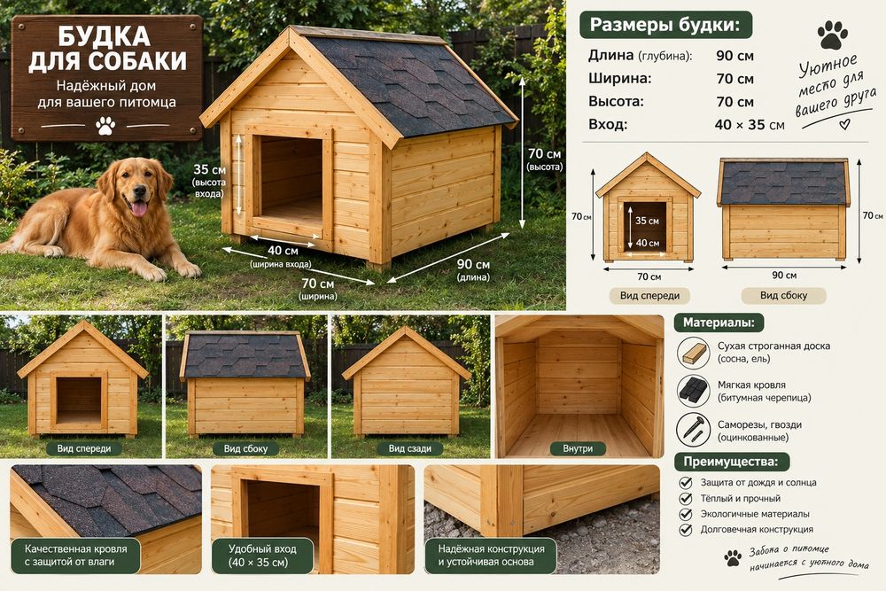 Уютная будка для собаки из дерева