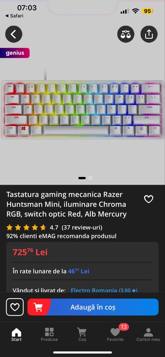 Tastatura gamig mecanica Razer Huntsman Mini, iluminare ChromA RGB
