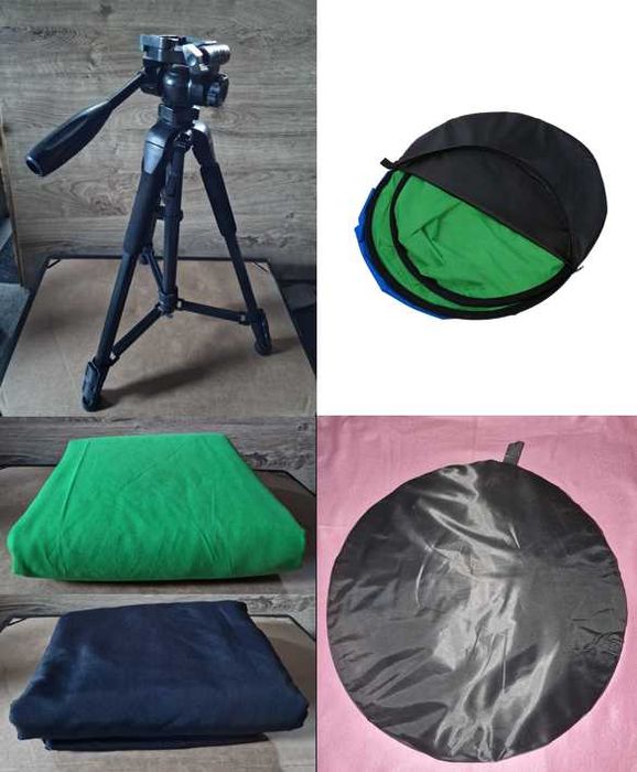 Vand la PACHET: trepied + fundal 2 in 1 pliabil 142cm + fundal verde + negru 3x3m