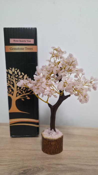 Copăcel decorativ cu cuarț roz Gemstone Tree bază lemn Cadou