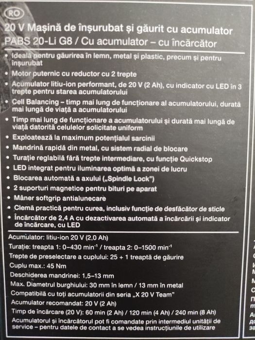 Bormasina 20 V Parkside cu baterie 2 ah si incarcator