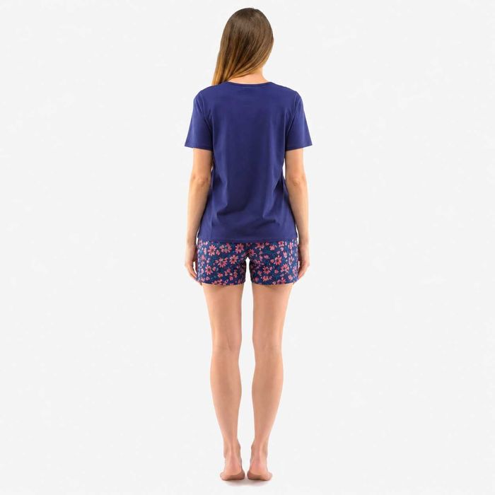Gina Pijama dama din bumbac, tricou cu maneca scurta si pantaloni scurti cu imprimeu floral, albastru, marimea XL