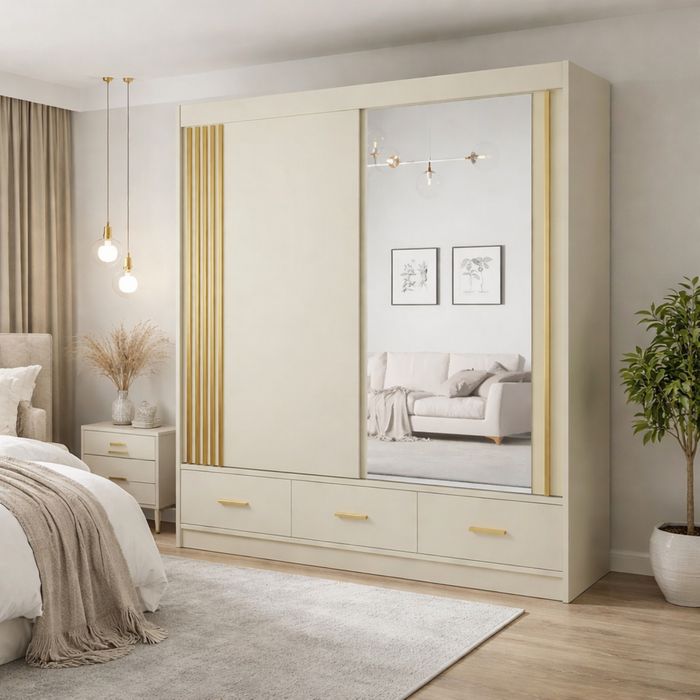 Șifonier modern  ,2 uși glisante + 3 sertare  culoare casmir/insertii lemn