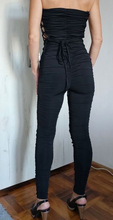 Salopetă neagră mulată Shein XS S M bodycon sexy ruched reglabilă party club elegantă