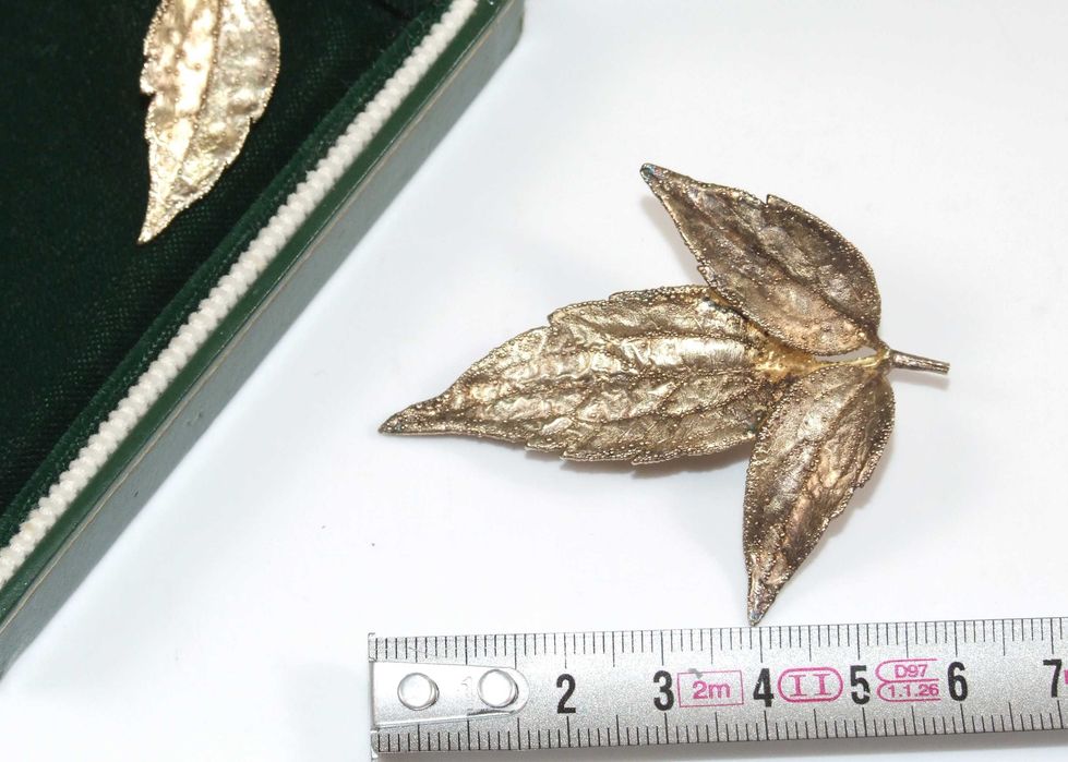 Set unicat: brosa si cercei din ARGINT placat cu AUR 24 K, Made in Denmark, NOU (caseta originala)