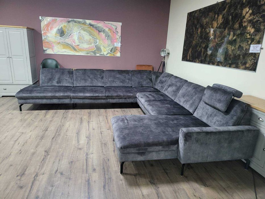 Голям сив П образен ъглов диван от плат с ел. лежанка "LS701521"