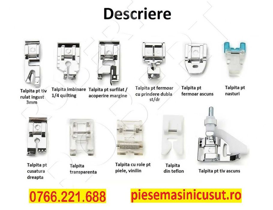 Set 11 picioruse talpite tiv surfilat fermoar piele pt masini de cusut casnice Singer Brother Minerva Silver Crest etc