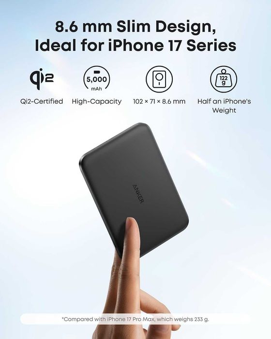 Anker Nano 5k MagGo Slim, 15W MagSafe Qi2, 5000mAh - външна батерия с вграденбезжичен пад