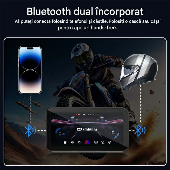 Navigatie MOTO CerCip MT9, Carplay/Android Auto, Octa-Core, GPS, IP67, Camere 2K, Senzori presiune roti, BSD, 6'25 inch