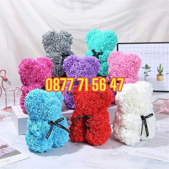 Мече от рози 20см 25см 40см мечета от рози в Кутия с Панделка 6 цвята!