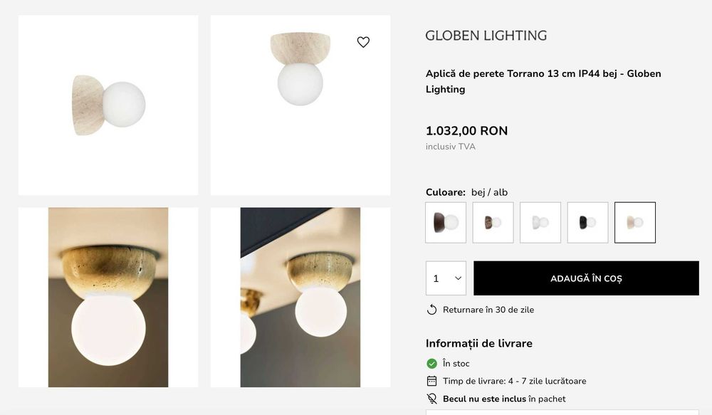 Aplică de perete Torrano 13 cm IP44 bej - Globen Lighting